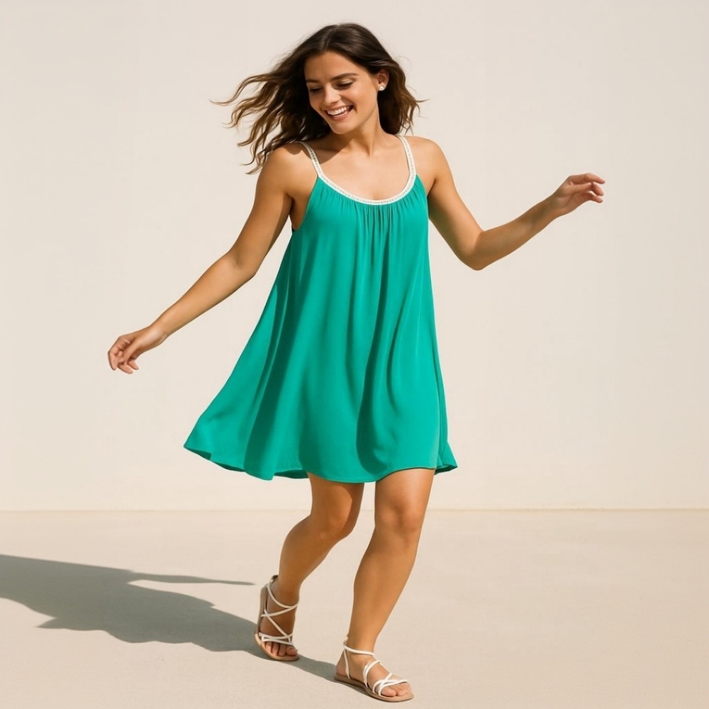 Sand & Spirit Green Halter Mini Dress NWT Braided White & Gold Neckline